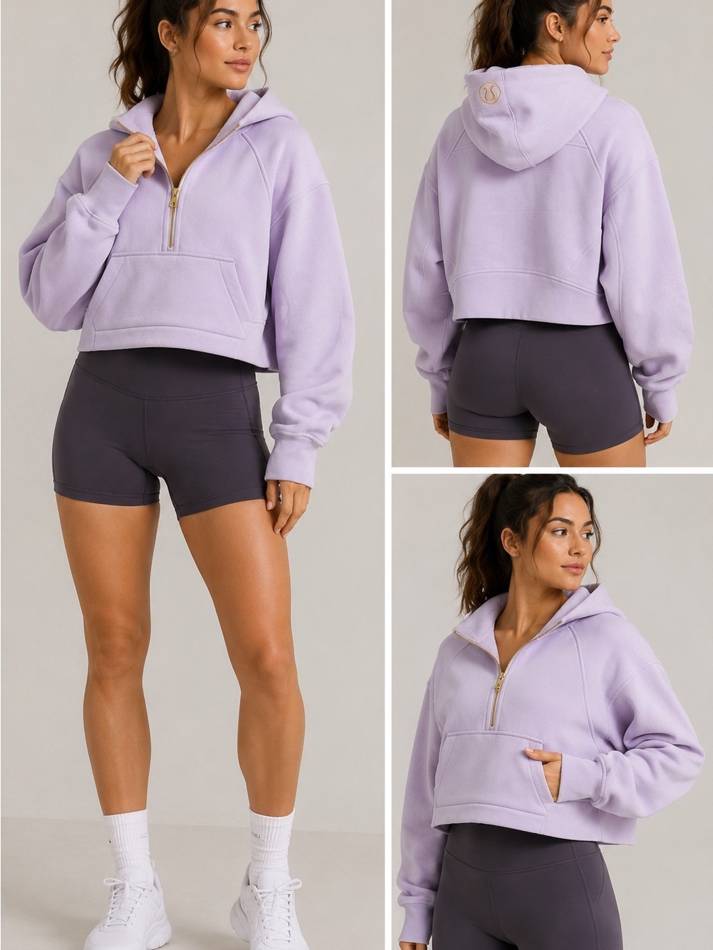 Lululemon Lavender Cropped Half Zip Fleece Hoodie XS/S Gold Logo